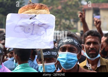 Colombo, Westliche Provinz, Sri Lanka. 15. März 2022. Oppositionelle protestieren gegen die sich verschärfende Wirtschaftskrise, die in Colombo, Sri Lanka, am 15. März 2022, zu Treibstoffknappheit und steigenden Lebensmittelpreisen geführt hat. (Bild: © Saman Abesiriwardana/Pacific Press via ZUMA Press Wire) Stockfoto