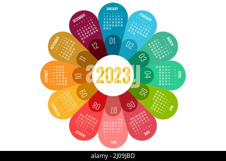 Round Calendar Planner für 2023. Kalendervorlage für 2022. Briefpapier Design Druckvorlage. Die Woche beginnt am Sonntag. Stock Vektor