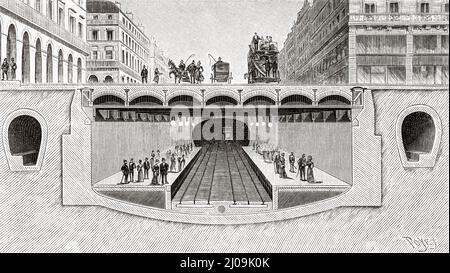 Metropolitan Railway Station, Paris U-Bahn. Frankreich, Europa. Alte, gravierte Illustration aus dem 19.. Jahrhundert von La Nature 1899 Stockfoto