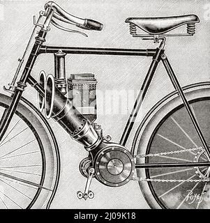 Zylinderkühlung im Hirschmann Fahrrad mit Benzinmotor. Alte, gravierte Illustration aus dem 19.. Jahrhundert von La Nature 1899 Stockfoto