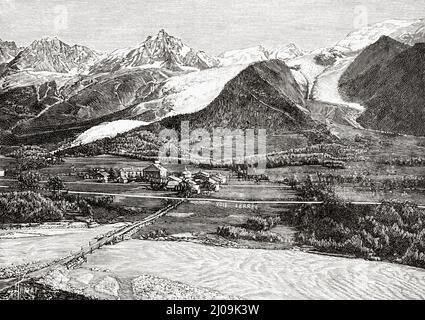 Gletscher von Bossons und Taconnaz, Aiguille du Midi und Mont Blanc, Chamonix, Haute-Savoie, Frankreich, Europa. Alte, gravierte Illustration aus dem 19.. Jahrhundert von La Nature 1899 Stockfoto