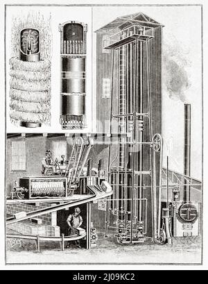 Holden-System für die Eisherstellung. Alte, gravierte Illustration aus dem 19.. Jahrhundert von La Nature 1899 Stockfoto