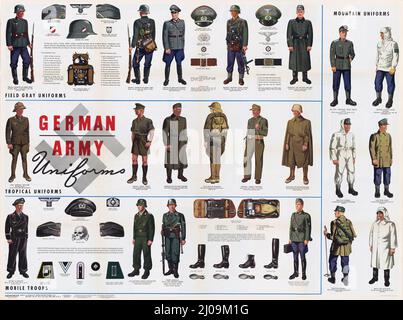 WW2 Wehrmachts-Uniformen Feldgrau, Berg-, Tropen-, Mobile-Truppen etc. 1944. Stockfoto