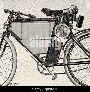 Ridel Motorrad mit Benzinmotor. Alte, gravierte Illustration aus dem 19.. Jahrhundert von La Nature 1899 Stockfoto