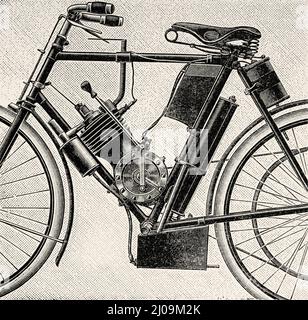 Durey Motorrad mit Benzinmotor. Alte, gravierte Illustration aus dem 19.. Jahrhundert von La Nature 1899 Stockfoto