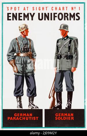 Der zweite Weltkrieg vor Augen Diagramm -1 feindliche Uniformen Deutscher Fallschirmjäger Deutsches Soldatenplakat London 1941 Stockfoto