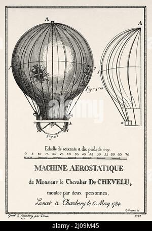 Die ersten Ballons. Chevalier de Chevelu Aerostatic Machine wurde am 6. Mai 1784 in Chambery vorgestellt. Frankreich, Europa. Alte, gravierte Illustration aus dem 19.. Jahrhundert von La Nature 1899 Stockfoto