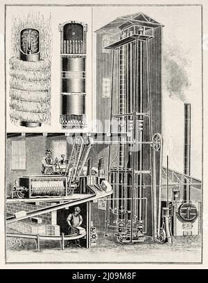 Holden-System für die Eisherstellung. Alte, gravierte Illustration aus dem 19.. Jahrhundert von La Nature 1899 Stockfoto