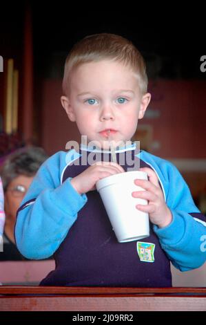 Sehr junge Kinder und Kleinkinder im Café, die sich beim Mittagessen mit der Großfamilie vor Brüdern und Schwestern und der Familie zeigen Stockfoto