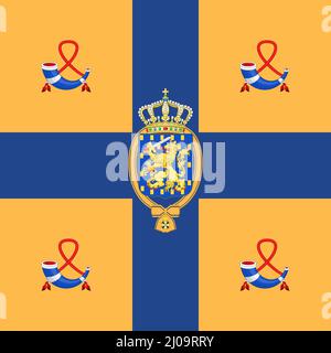 Draufsicht auf die Flagge Royal Standard, Niederlande. Holländischer Patriot und Reisekonzept. Kein Fahnenmast. Ebenendesign, Layout. Hintergrund markieren Stockfoto