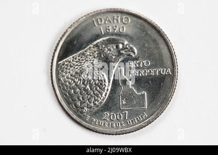 Eine Vierteldollar-Münze (25 Cent) mit dem Bild von Idaho (dem Edelsteinstaat), USA. Stockfoto