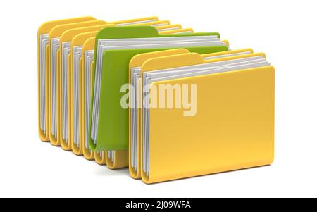 Gruppe gelber Ordner mit grüner 3D-Rendering-Abbildung auf weißem Hintergrund isoliert Stockfoto