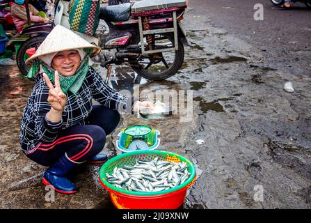 Eine Vietnamesin hockt vor ihrem Eimer mit dem Fang des Tages, viele kleine Fische. Stockfoto