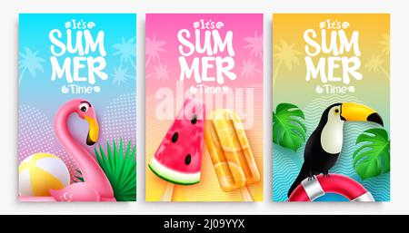 Sommer Vektor Poster Set Design. Es ist Sommertext in farbenfrohem Hintergrund mit Flamingo-, Tukan- und Eiszapfen-Elementen für die tropische Jahreszeit. Stock Vektor