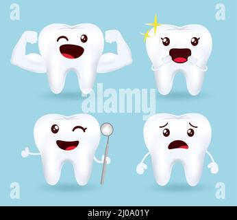 Emoji-Zahnvektor-Set-Design. Emojis Zähne Emoticon Sammlung in glücklicher und fröhlicher Gesichtsausdruck mit gesunder und starker Mundhygiene für saubere. Stock Vektor