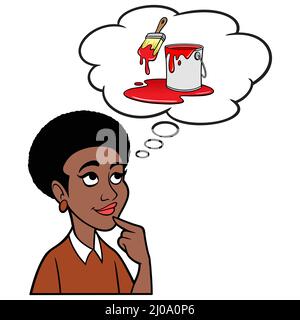 Black Woman Thinking about Painting - Eine Cartoon-Illustration einer schwarzen Frau, die über das Malen ihres Hauses nachdenkt. Stock Vektor