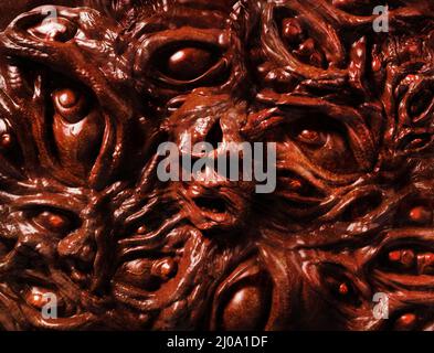 3D Darstellung einer gruseligen Wandfläche aus monstermutierten Gesichtern und Augen. Stockfoto