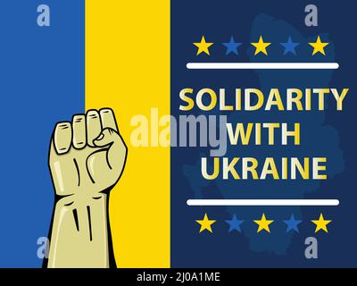 Bannerdesign für Solidarität mit der Ukraine, mit blauen und gelben Farben und einer Faust. Ukraine Karte im Hintergrund. Flagge sitzt vertikal. Stock Vektor