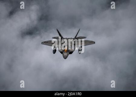 Ein F-22 Raptor, der der Alaska NORAD Region zugewiesen wurde, fliegt während der Operation NOBLE DEFENDER am 16. März 2022 über den Golf von Alaska. NOBLE DEFENDER ist eine Luftverteidigungsoperation des North American Aerospace Defense Command, bei der US-Streitkräfte mit Sicherheits- und Verteidigungspartnern zusammenarbeiten, um eine integrierte Abschreckung zu gewährleisten und Bedrohungen von allen möglichen Wegen aus zu schützen. (USA Luftwaffe Foto von Senior Airman Joseph P. LeVeille) Stockfoto