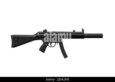 Maschinenpistole MP5. Kleine gezogene automatische Waffe Kaliber 9mm. Bewaffnung der Polizei und der Spezialeinheiten. Isolieren auf weißem Hintergrund. Stockfoto