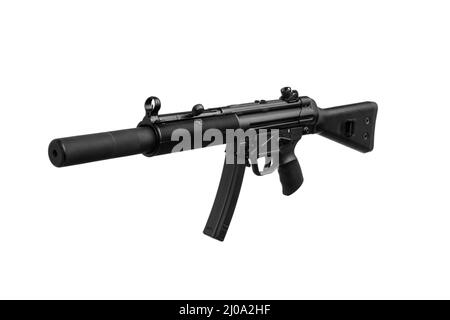 Maschinenpistole MP5. Kleine gezogene automatische Waffe Kaliber 9mm. Bewaffnung der Polizei und der Spezialeinheiten. Isolieren auf weißem Hintergrund. Stockfoto