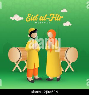 Eid al fitr mubarak. das muslimische Paar segnet Eid al fitr mit der islamischen Trommel auf dem Hintergrund Stock Vektor