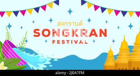 songkran Festival flache Illustration horizontale Banner Poster Vorlage Stock Vektor