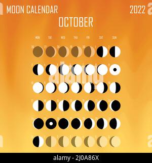 Oktober 2022 Mondkalender. Astrologisches Kalenderdesign. planer. Platz für Aufkleber. Modell des Monatszyklus-Planers. Isolierter flüssiger Farbhintergrund Stock Vektor