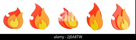 Set aus 3D Feuersymbole isoliert auf weißem Hintergrund. 5 verschiedene Winkel Wärme Emotion für Web. 3D Rendern. Stockfoto