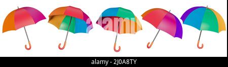 Set von 3D bunten Regenschirm Symbol isoliert auf einem weißen Hintergrund. 5 verschiedene Winkel magische Symbole für Web. 3D Rendern. Stockfoto