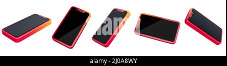 Satz von 3D Mobiltelefonen, isoliert auf weißem Hintergrund. Smart-Phone-Symbole mit 5 verschiedenen Winkeln. 3D Rendern. Stockfoto