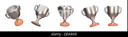 Set aus 3D silbernen Trophäen-Symbol isoliert auf weißem Hintergrund. 5 verschiedene Winkel Trophäenbecher Symbole. 3D Rendern. Stockfoto