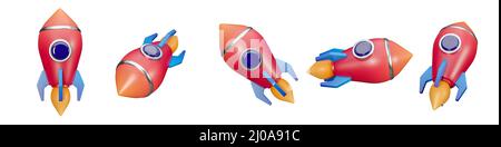 3D Flugrakete Symbol isoliert auf weißem Hintergrund. 5 verschiedene Winkel realistische rote Raumschiff Launch-Symbole für Web oder App. 3D Rendern. Stockfoto