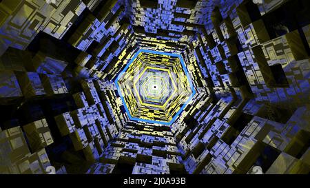 3D Big Data Digitaler Hintergrund mit futuristischer Matrix. 3D grafischer Flug durch den digitalen technologischen Tunnel. Wurmloch durch Zeit und Raum Stockfoto