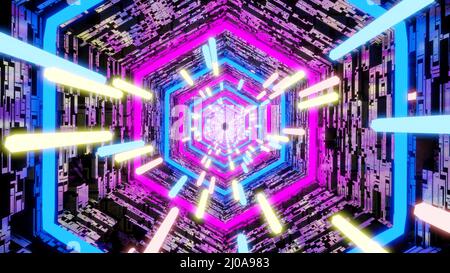 3D Big Data Digitaler Hintergrund mit futuristischer Matrix. 3D grafischer Flug durch den digitalen technologischen Tunnel. Wurmloch durch Zeit und Raum Stockfoto