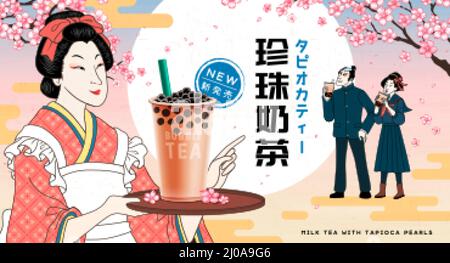 Werbung für Ukiyo e Bubble Milk Tea Japanische Kellnerin aus Taisho-Zeit, die Tapioka-Milchtee auf einem Tablett servierte, während Studenten ihn unter Sakura-Bäumen tranken. Japane Stock Vektor