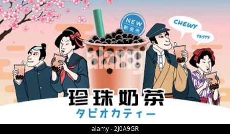 Werbung für Ukiyo e Bubble Milk Tea Die Japaner aus der Taisho-Zeit genießen Perlmilchtee mit einer Tasse realistischer Tee in der Mitte. Japanische Transl Stock Vektor