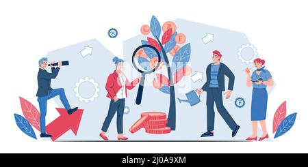 Geschäftskonzept für Investitionen und Geldverdienen, Einkommenswachstum. Profitable Investitionen und Platzierung von Finanzen, flache Vektor-Illustration isoliert o Stock Vektor