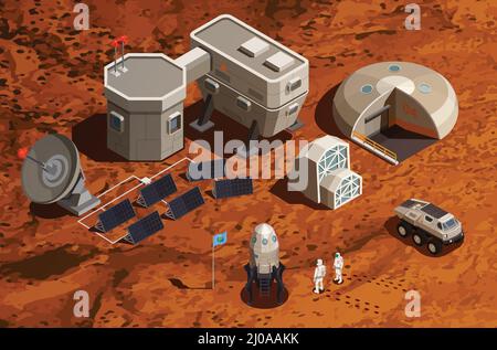 Mars Besiedlung isometrischen Hintergrund mit Geräten für die wissenschaftliche Forschung und Kommunikation Raumschiff und Astronauten Vektor-Illustration Stock Vektor