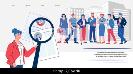 Personalbeschaffung und Jobsuche, Banner-Vorlage für die Personalwebsite. Headhunter oder HR-Manager suchen Mitarbeiter des Unternehmens Banner für Webseite oder UI, Ca Stock Vektor
