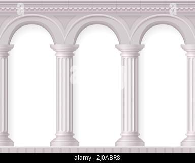 Griechische 3D und realistische antike weiße Säulen Komposition mit Weiß Alte Bögen Vektor-Illustration Stock Vektor