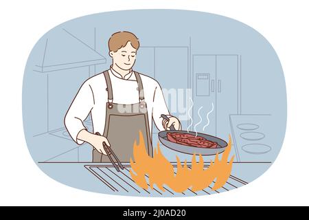 Der Chefkoch im Vorfeld kocht Fleisch in der Pfanne auf Feuer im Restaurant. Der Chefkoch des Mannes bereitet Steak für den Gast zu. Schmackhafte und leckere Mahlzeiten oder Zubereitung von Speisen. Essen gehen. Flache Vektorgrafik. Stock Vektor