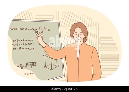 Lächelnder Oberlehrer steht neben dem Brett und erklärt Schülern oder Studenten Mathematik. Glückliche reife Frau Tutor haben Mathematik-Klasse in der Schule oder Hochschule. Bildung und Lernen. Vektorgrafik. Stock Vektor