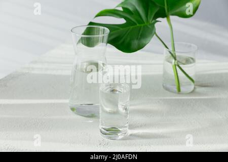 Morgenglas und Glas mit sauberem Wasser mit zwei großen grünen Blättern auf weißem Tisch. Frühstück mit Sonneneinstrahlung, langen Schatten und Reflexionen. Konzept einer Gesundheit Stockfoto