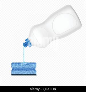 Tropfender Gießen Waschmittelschwamm realistische Zusammensetzung auf transparentem Hintergrund mit Weiße Plastikflasche mit Spülflüssigkeit Vektorgrafik Stock Vektor