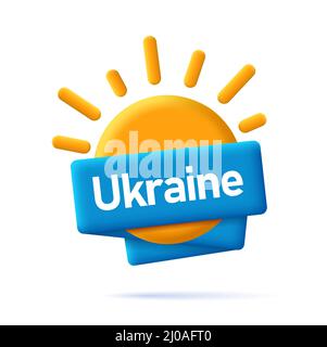 3D Symbol der Sonne und Band mit Ukraine-Text in ukrainischen Flaggen-Farben Stock Vektor