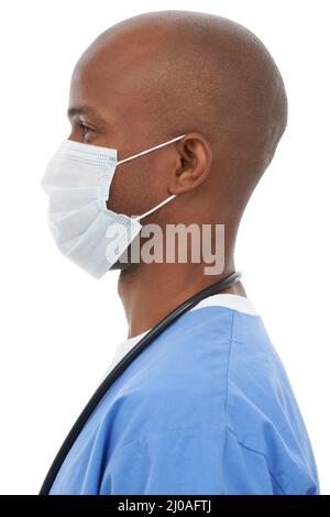 Hes ein großartiger Arzt. Seitenansicht eines jungen afrikanischen Arztes. Stockfoto