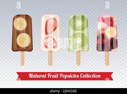 Fruchtlibelle Eis realistische Satz von gefrorenen fruchtigen Eis Kleben Konfektionsbilder auf transparente Hintergrund Vektor-Illustration Stock Vektor