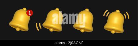 3D Alarmglocke auf schwarzem Hintergrund isoliert eingestellt. Stock Vektor