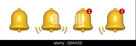 3D Gelbe Klingelglocke mit neuer Benachrichtigung für Social-Media-Erinnerung wiedergeben. Stock Vektor